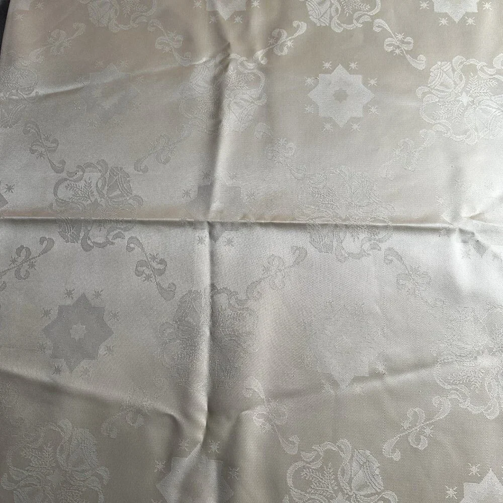 Vintage Cream Satin Damask Tablecloth 70 x 54 Floral Star Pattern